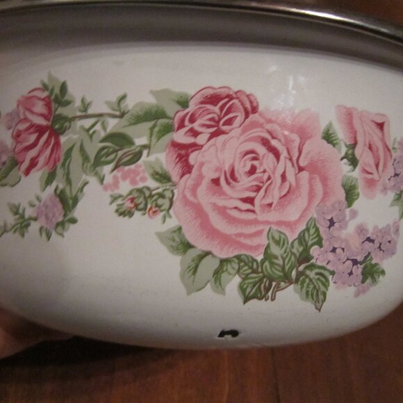 Vintage Pink and Purple Floral Enamel Bowl, White/ Silvertone Farmhouse Chic - Picture 3 of 14